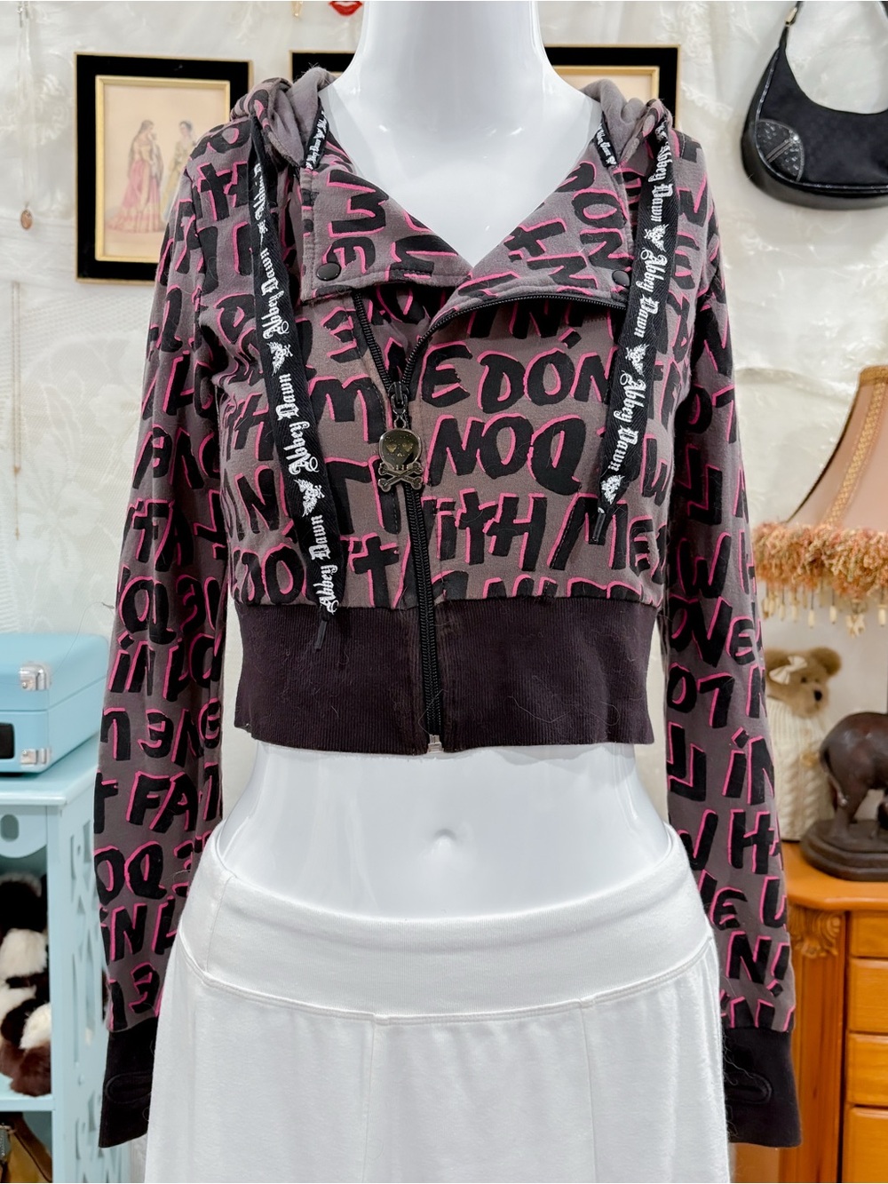 Grunge punk goth girly cropped graphic zip up grey hoodie jacket